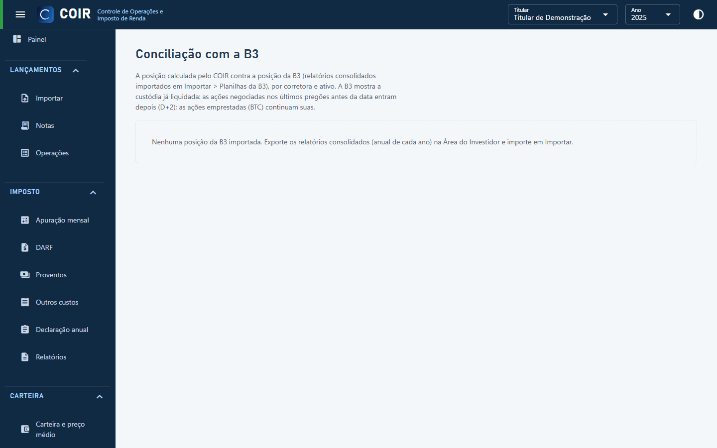 Conciliação com a B3 (banco de demonstração)