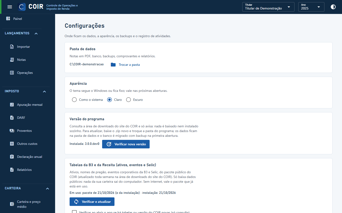 Configurações (banco de demonstração)