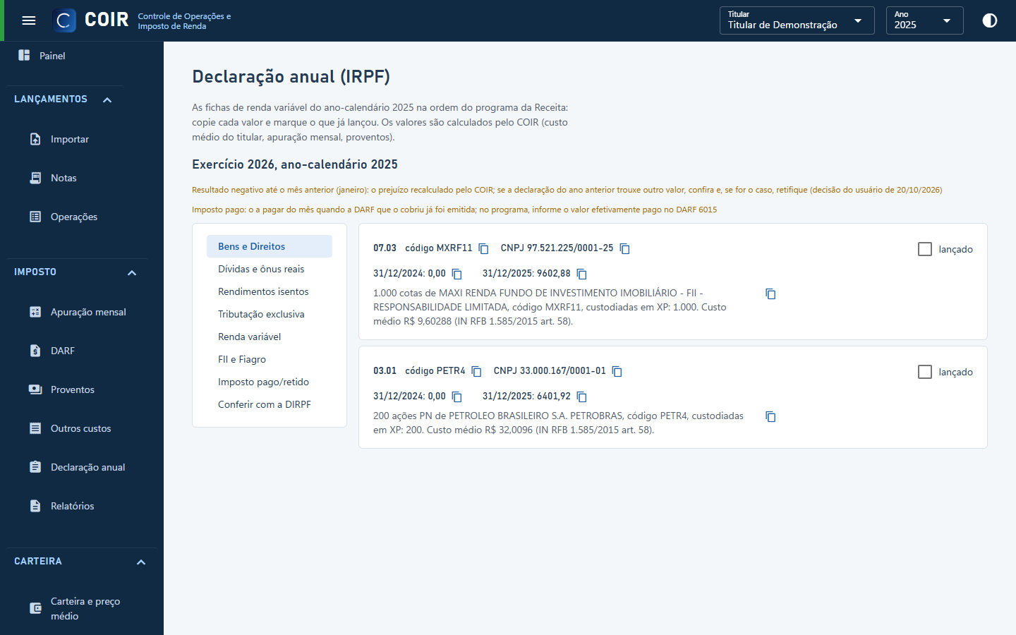 Declaração anual (banco de demonstração)