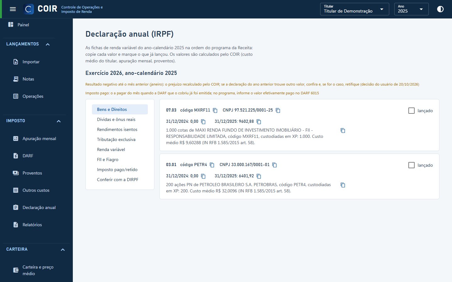 Fichas da declaração anual